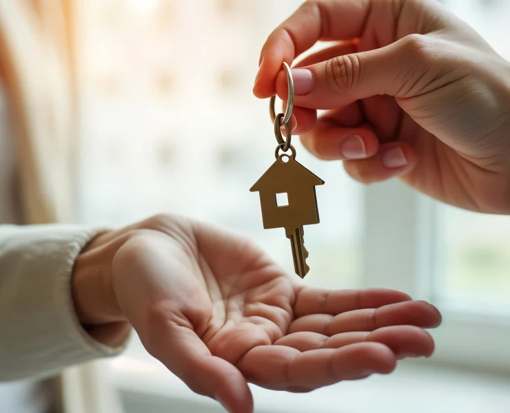 un vendeur donne les clefs d'un bien immobilier à une acheteuse