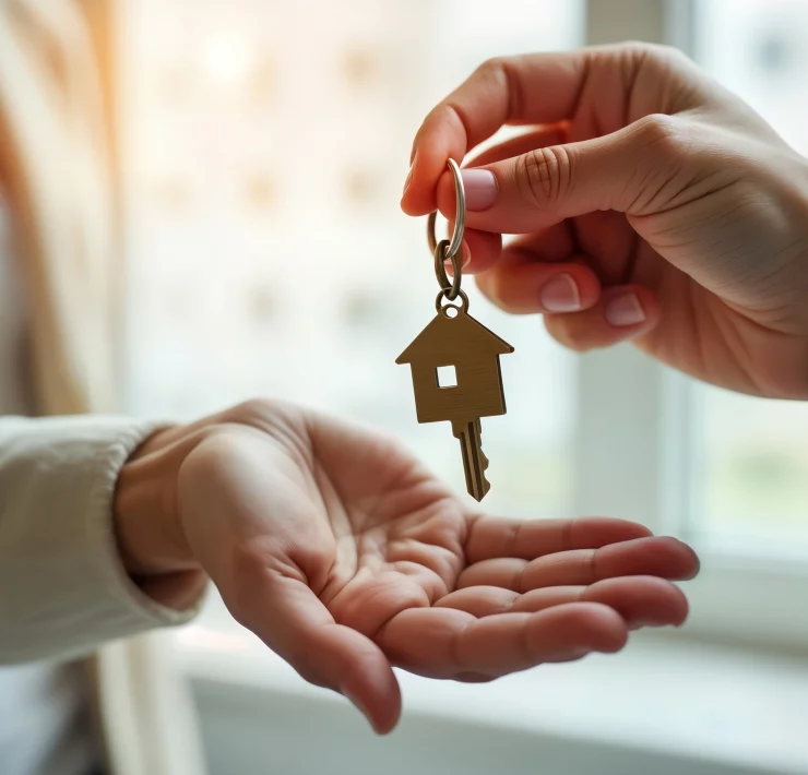 un vendeur donne les clefs d'un bien immobilier à une acheteuse
